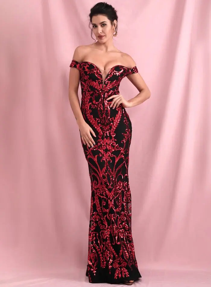 Geometric Sequins Short Sleeve Slim Fishtail Style Maxi Dress - MSCOOCO