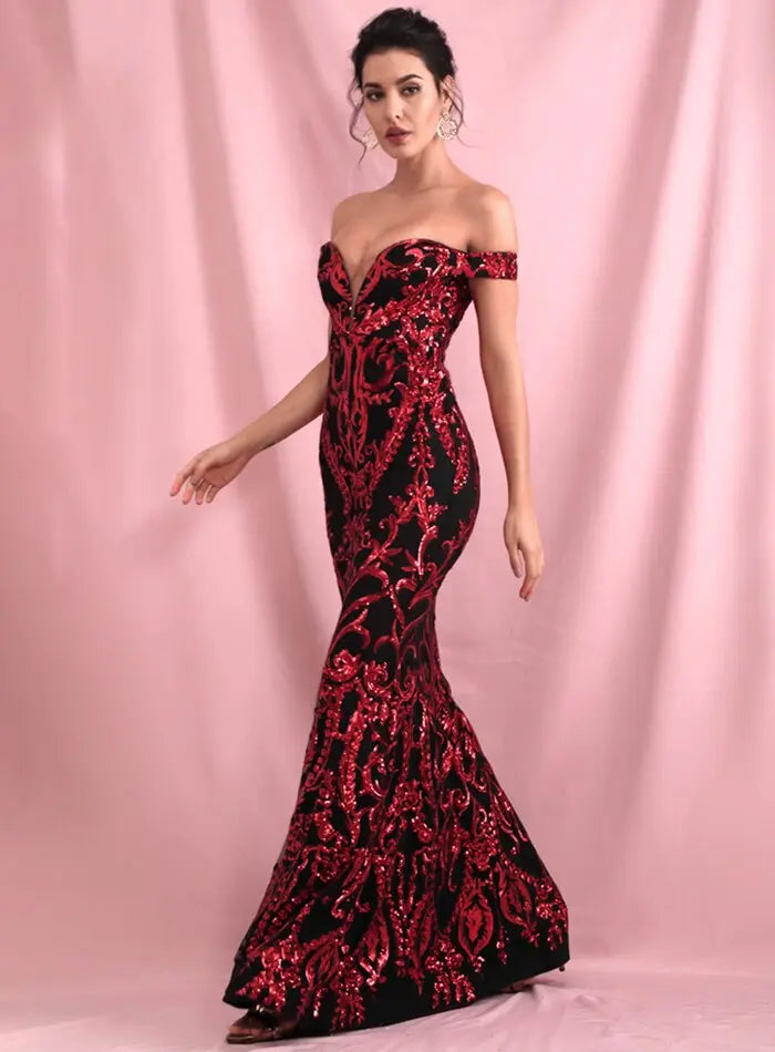 Geometric Sequins Short Sleeve Slim Fishtail Style Maxi Dress - MSCOOCO