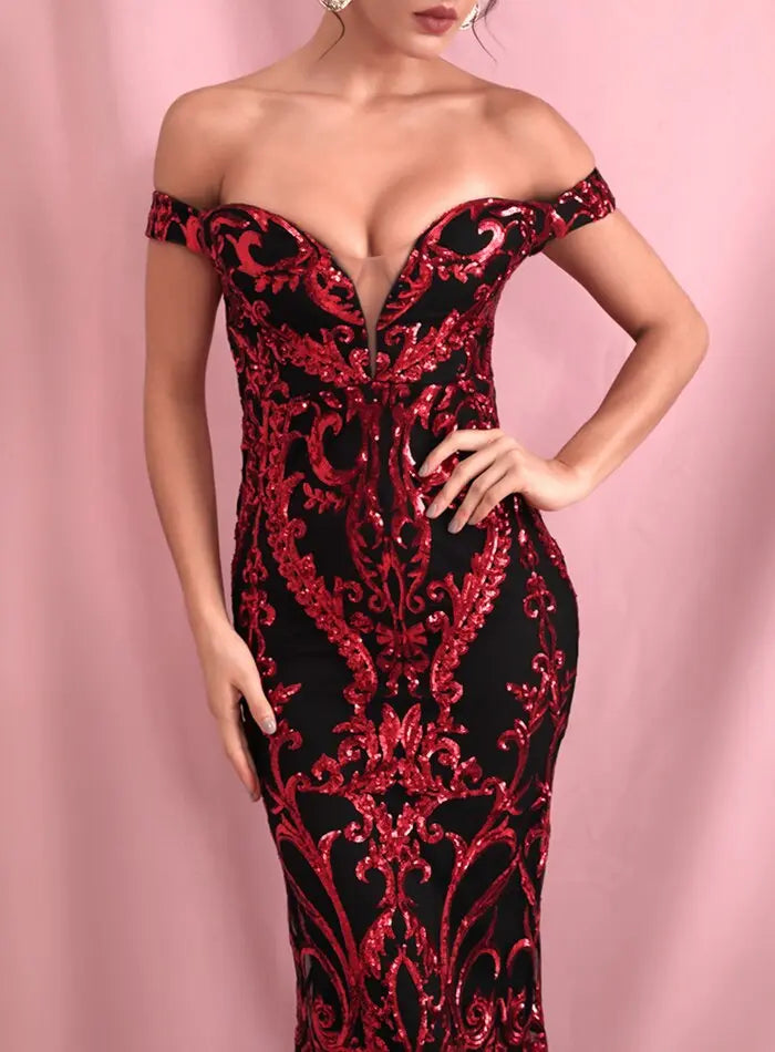 Geometric Sequins Short Sleeve Slim Fishtail Style Maxi Dress - MSCOOCO