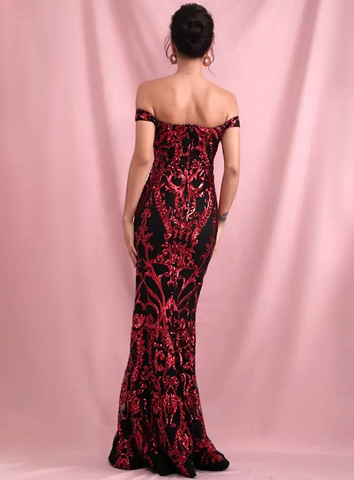 Geometric Sequins Short Sleeve Slim Fishtail Style Maxi Dress - MSCOOCO