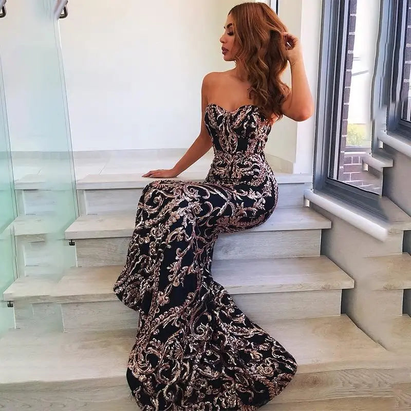 Gold Shine Strapless Sequin Maxi Dress - MSCOOCO