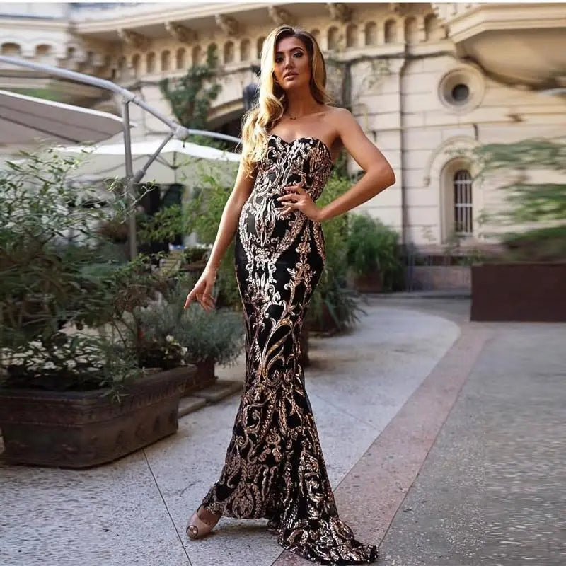 Gold Shine Strapless Sequin Maxi Dress - MSCOOCO