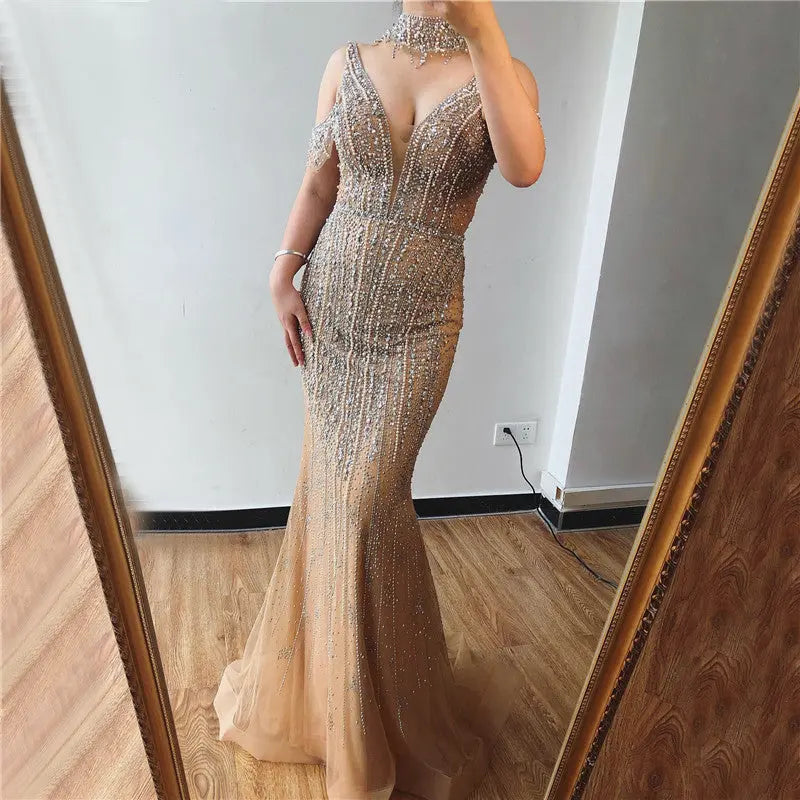 Dubai Champagne Pearls Diamond Evening Gowns - MSCOOCO