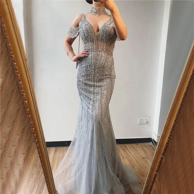 Dubai Champagne Pearls Diamond Evening Gowns - MSCOOCO