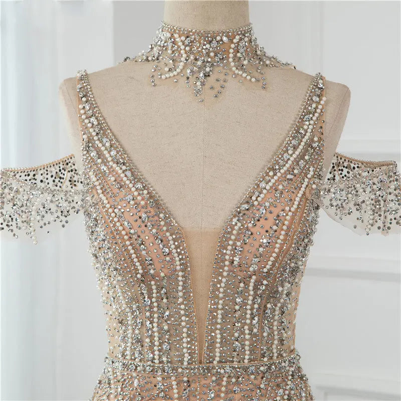 Dubai Champagne Pearls Diamond Evening Gowns - MSCOOCO