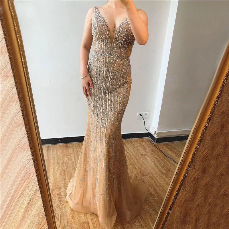 Dubai Champagne Pearls Diamond Evening Gowns - MSCOOCO