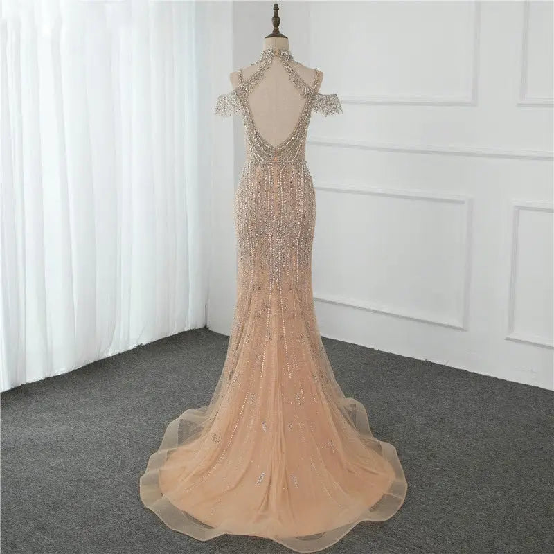 Dubai Champagne Pearls Diamond Evening Gowns - MSCOOCO
