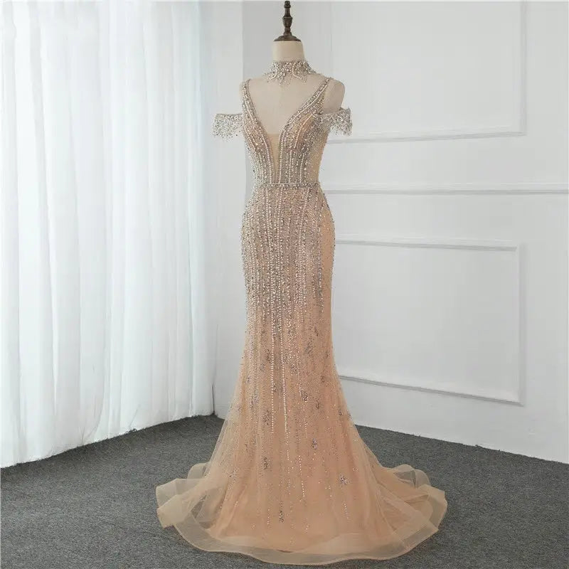 Dubai Champagne Pearls Diamond Evening Gowns - MSCOOCO
