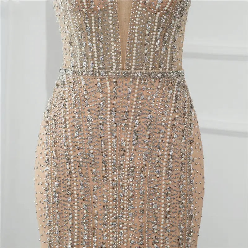 Dubai Champagne Pearls Diamond Evening Gowns - MSCOOCO
