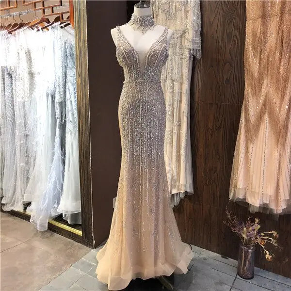Dubai Champagne Pearls Diamond Evening Gowns - MSCOOCO