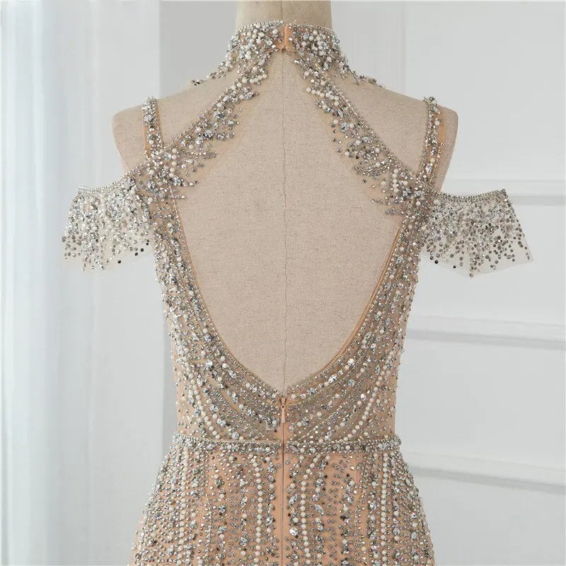 Dubai Champagne Pearls Diamond Evening Gowns - MSCOOCO