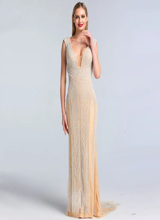 Halle Pearls Luxury Sleeveless Evening Dress Mscooco.co.uk