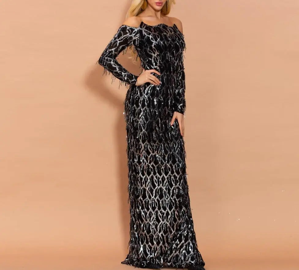 Jessa Off Shoulder Sequins Tassel Maxi Dress Mscooco.co.uk