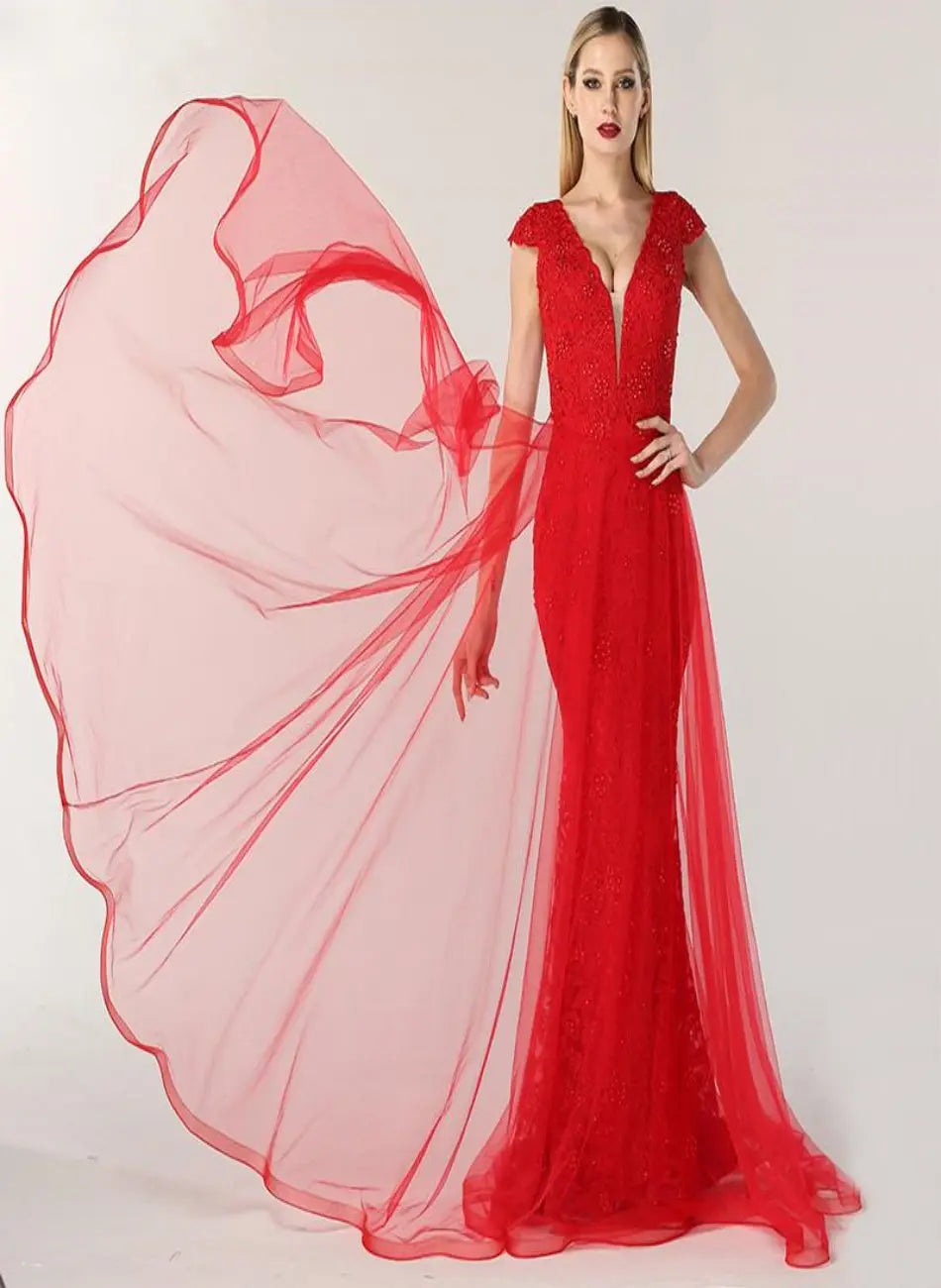 Julianna Lace Pearls V-Neck Evening Dress Mscooco.co.uk