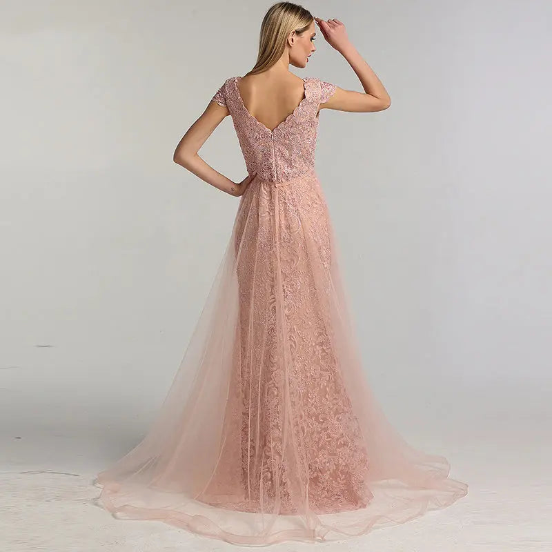 Julianna Lace Pearls V-Neck Evening Dress Mscooco.co.uk
