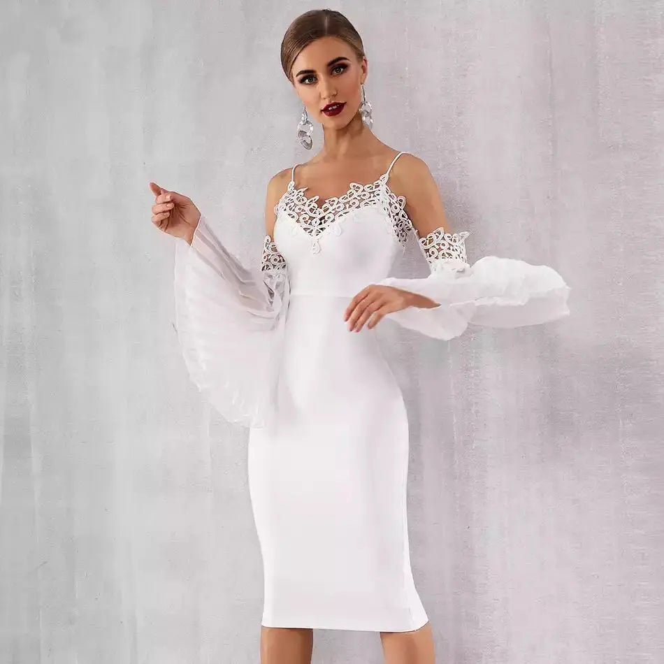 Lace Flare Sleeve Bandage Midi Dress - MSCOOCO