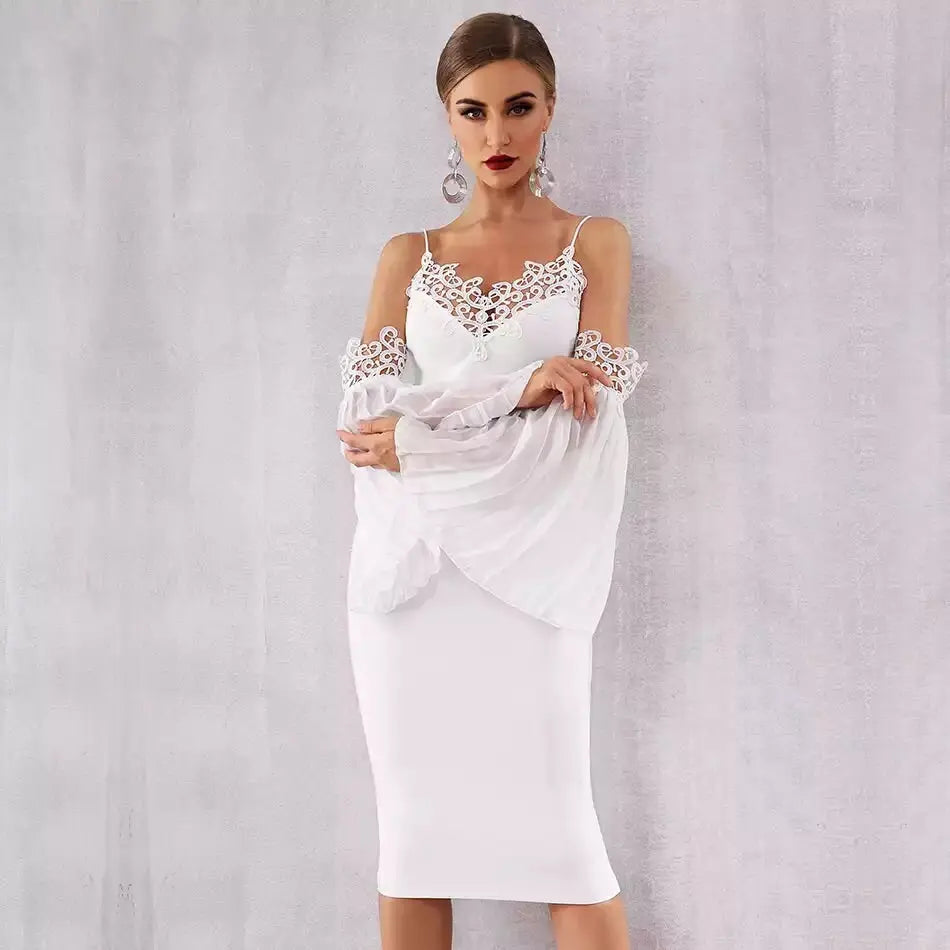 Lace Flare Sleeve Bandage Midi Dress - MSCOOCO