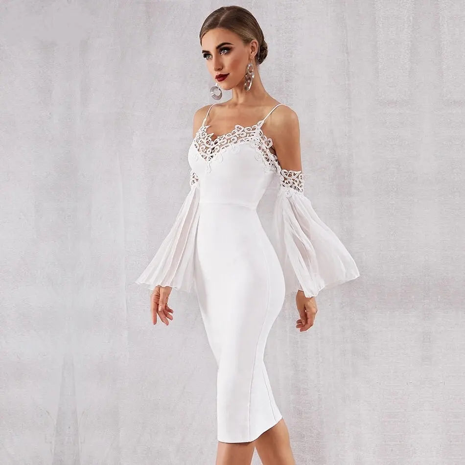 Lace Flare Sleeve Bandage Midi Dress - MSCOOCO