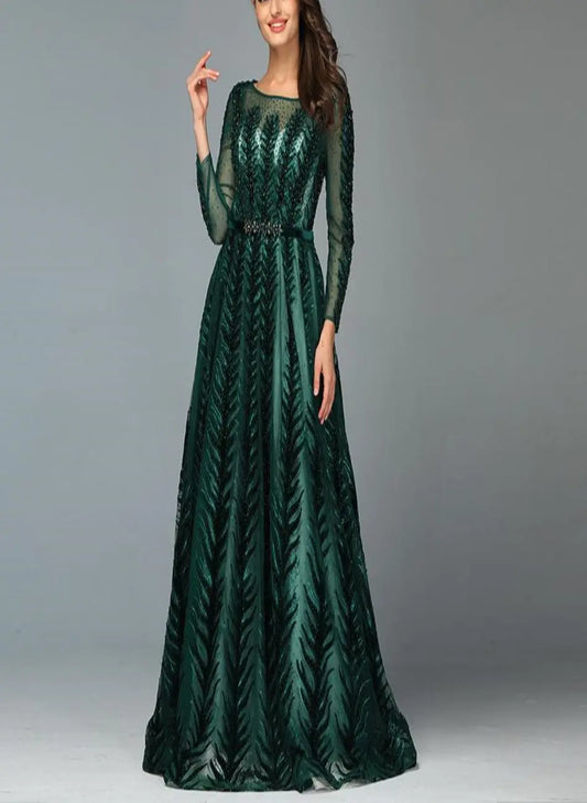 Dubai Design Green O-Neck Beading Sequined A-Line Evening Gowns - MSCOOCO