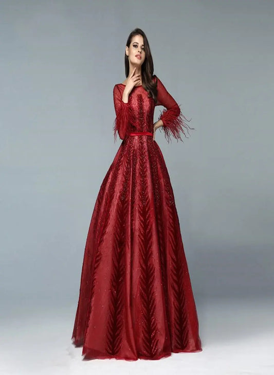 Leila - Wine Red Evening Gown With Long Sleeves Mscooco.co.uk
