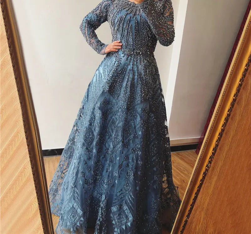 Luxury Crystal Long Sleeves Evening Dress - MSCOOCO