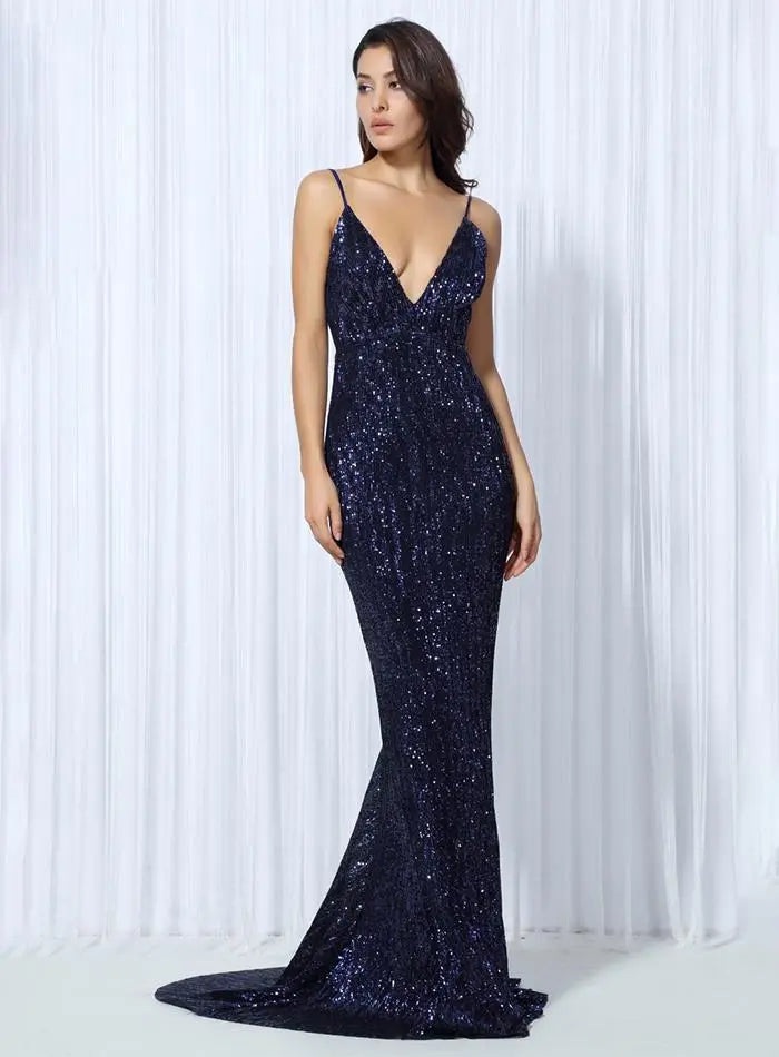 Navy Sequin V Collar Exposed Back Long Dress - MSCOOCO