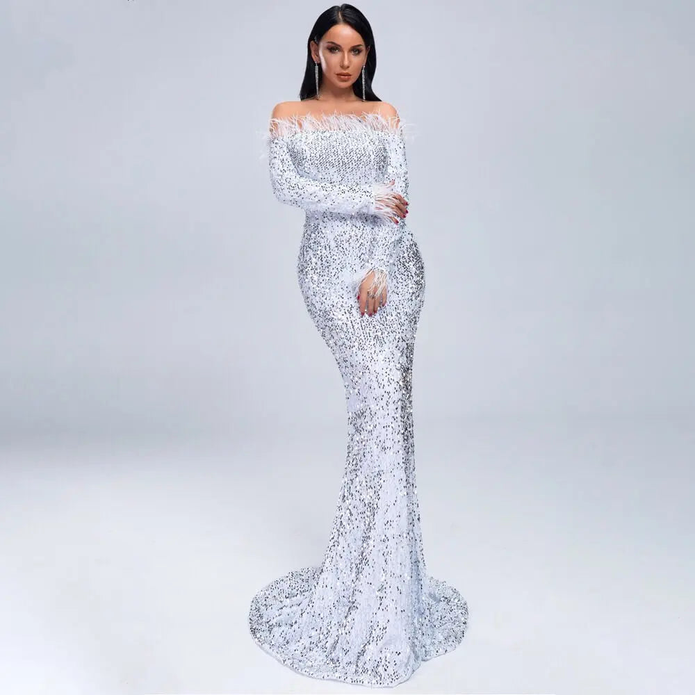 Off Shoulder Feather Long Sleeve Sequin Dress - MSCOOCO