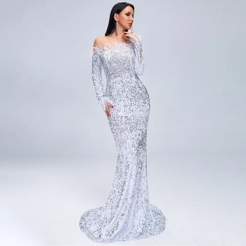 Off Shoulder Feather Long Sleeve Sequin Dress - MSCOOCO