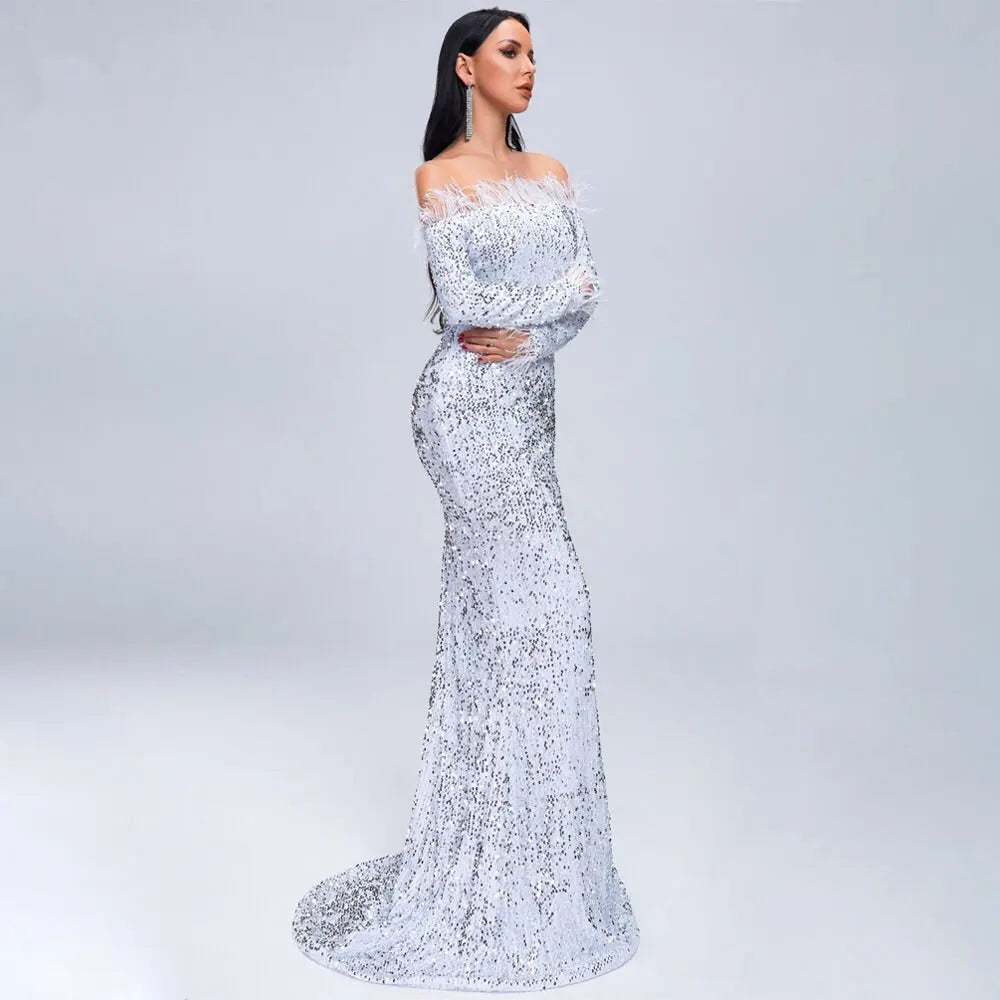 Off Shoulder Feather Long Sleeve Sequin Dress - MSCOOCO