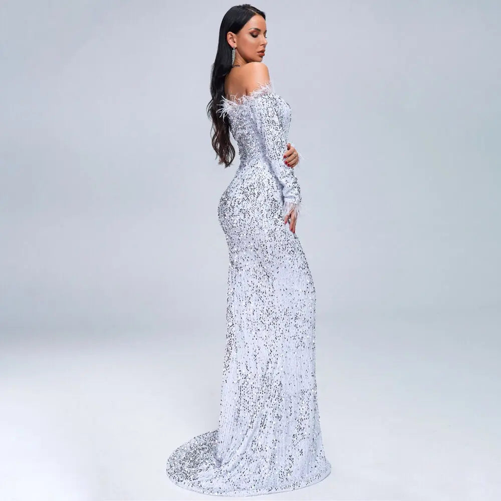 Off Shoulder Feather Long Sleeve Sequin Dress - MSCOOCO