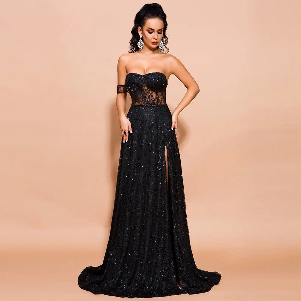 Off Shoulder Glitter High Split Backless  Dress - MSCOOCO