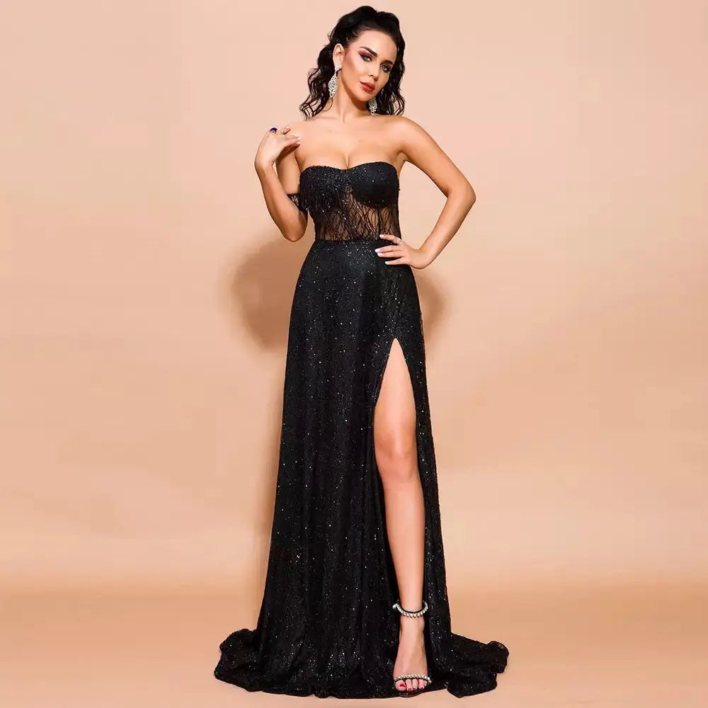 Off Shoulder Glitter High Split Backless  Dress - MSCOOCO