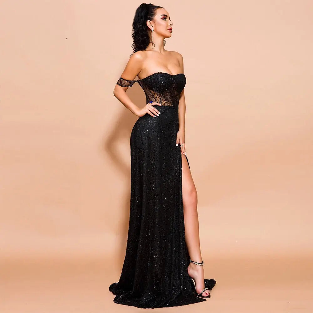 Off Shoulder Glitter High Split Backless  Dress - MSCOOCO