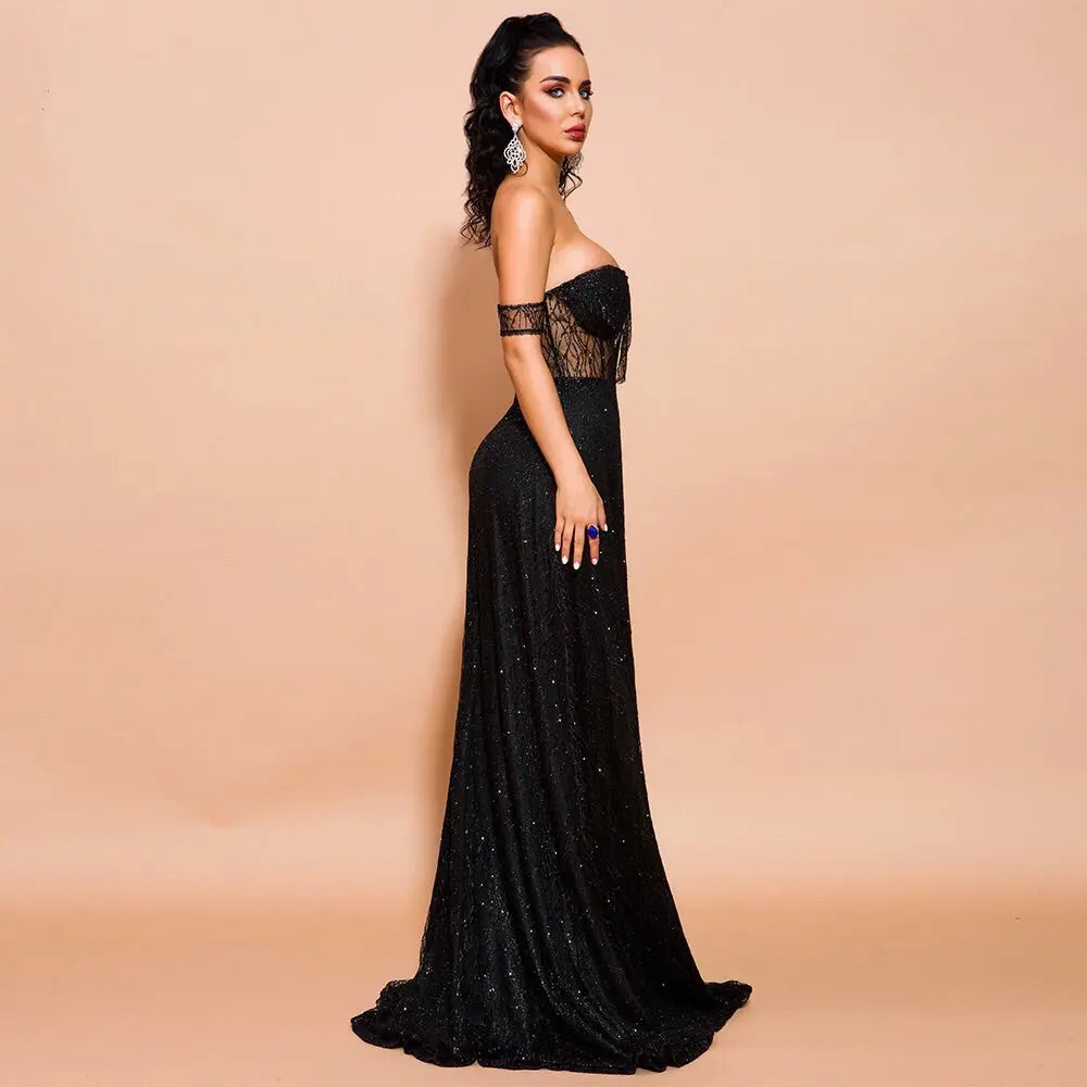 Off Shoulder Glitter High Split Backless  Dress - MSCOOCO