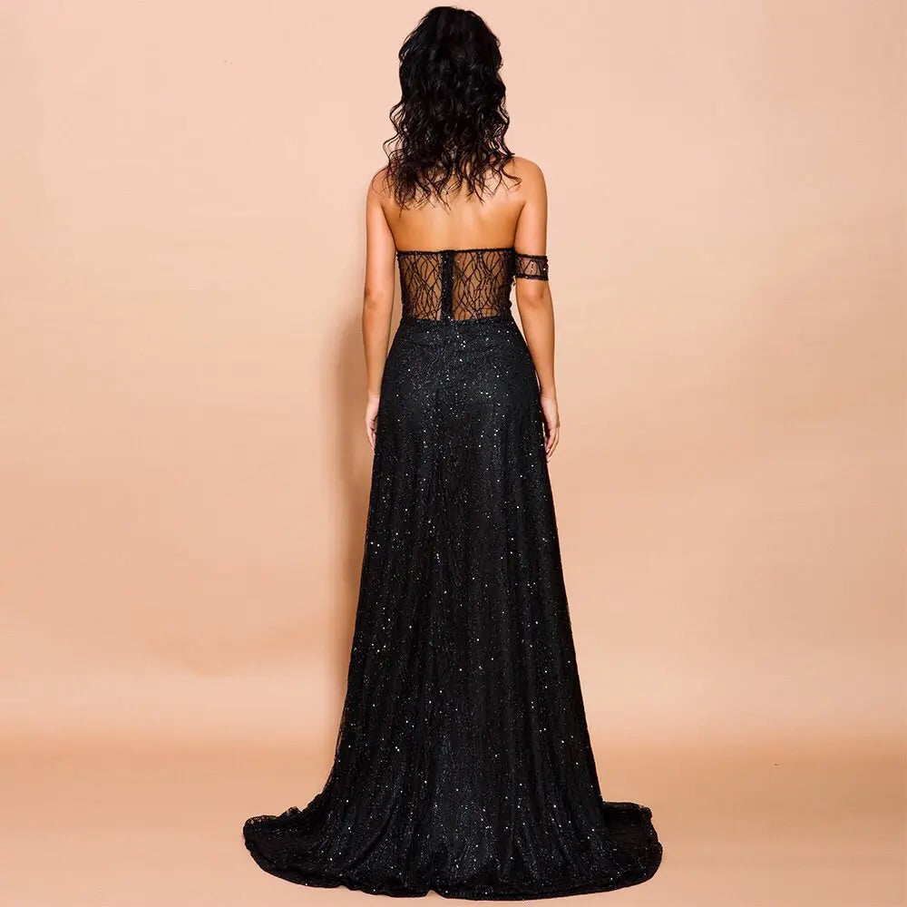 Off Shoulder Glitter High Split Backless  Dress - MSCOOCO