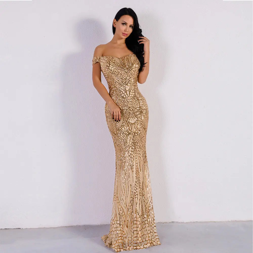 Off Shoulder Sequin Maxi Dress - MSCOOCO