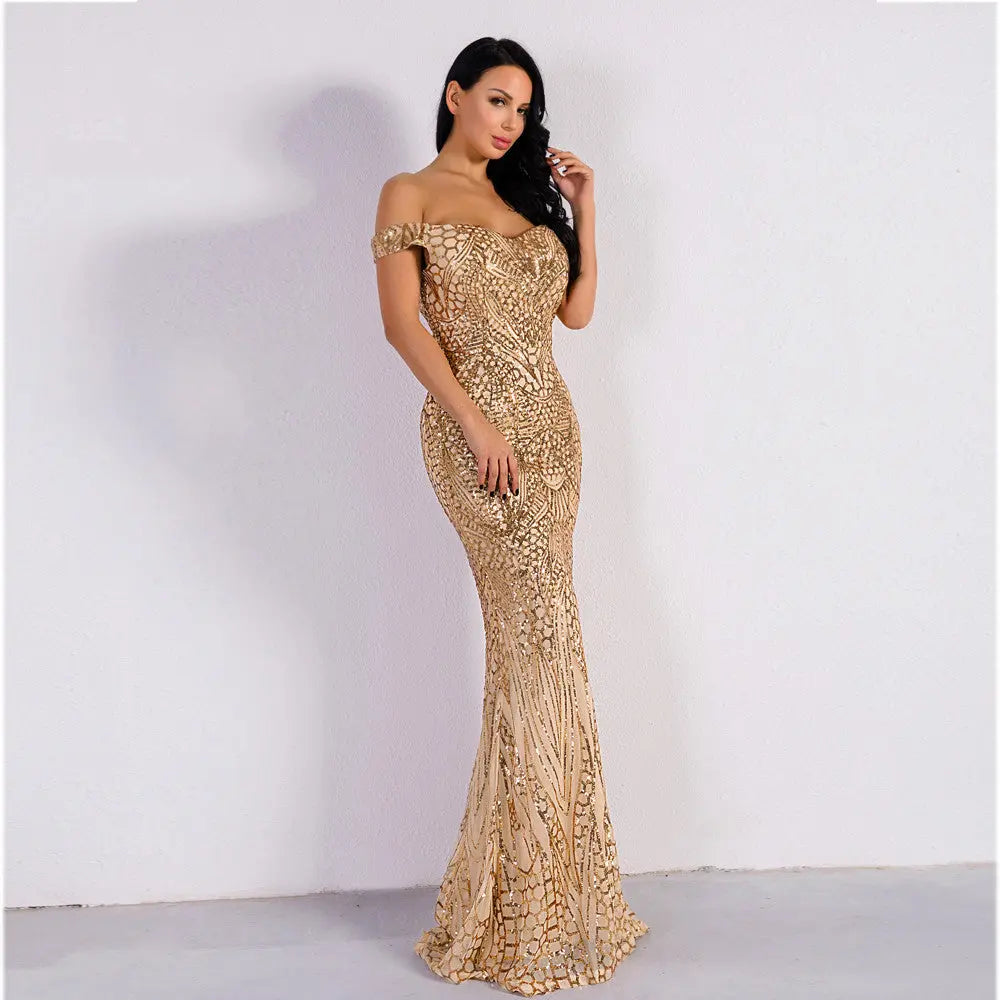 Off Shoulder Sequin Maxi Dress - MSCOOCO