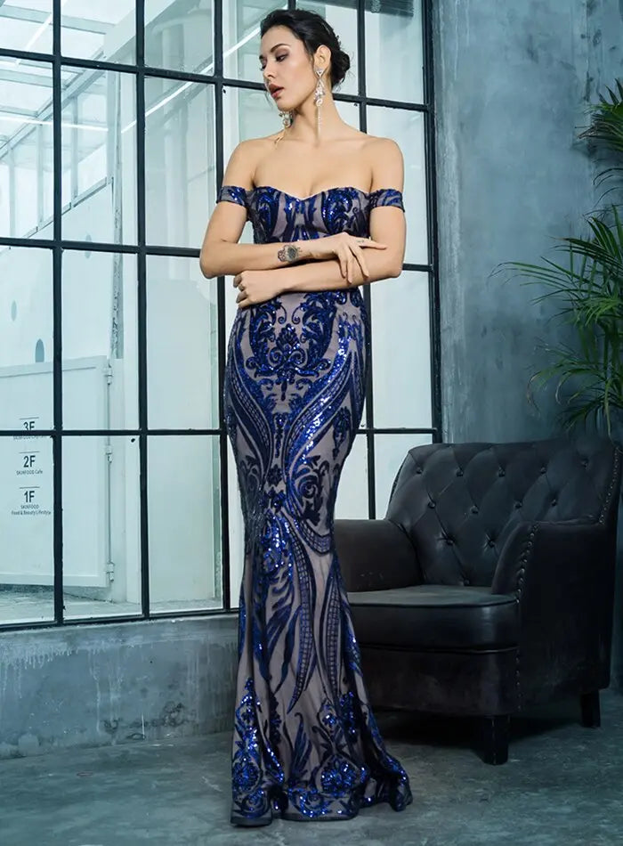 Off the Shoulder Geometric Sequins Bodycon Long Dress - MSCOOCO