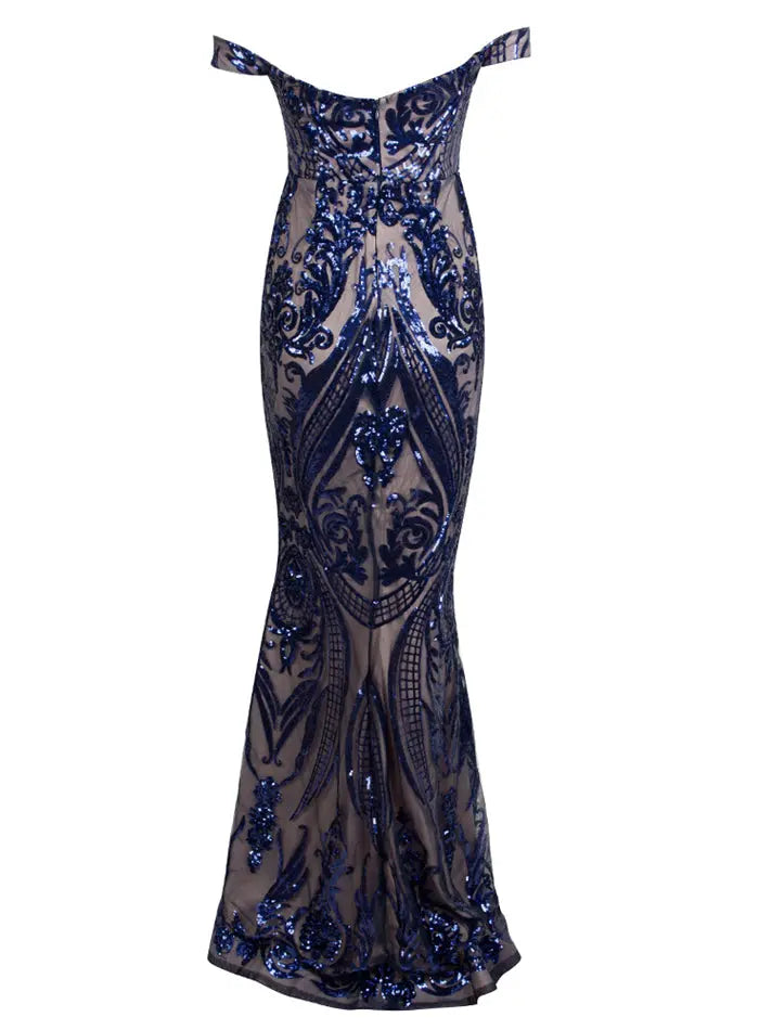 Off the Shoulder Geometric Sequins Bodycon Long Dress - MSCOOCO