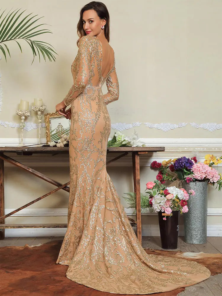 Open Back Geometric Pattern Glitter Glue Material Bodycon Long Dress - MSCOOCO