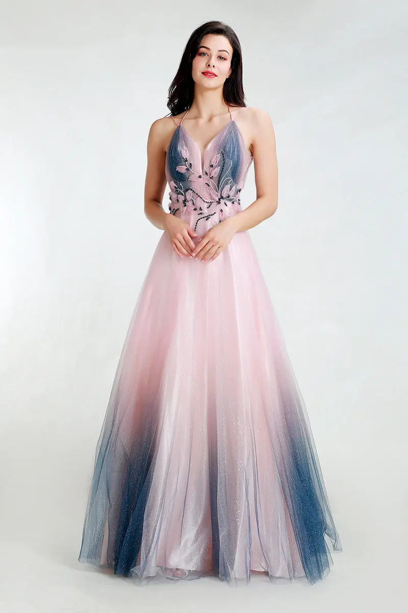 Elegant V-neck Contrast Color Shiny Evening Party Gowns - MSCOOCO