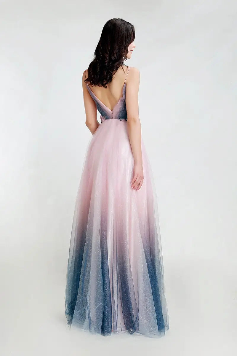 Elegant V-neck Contrast Color Shiny Evening Party Gowns - MSCOOCO