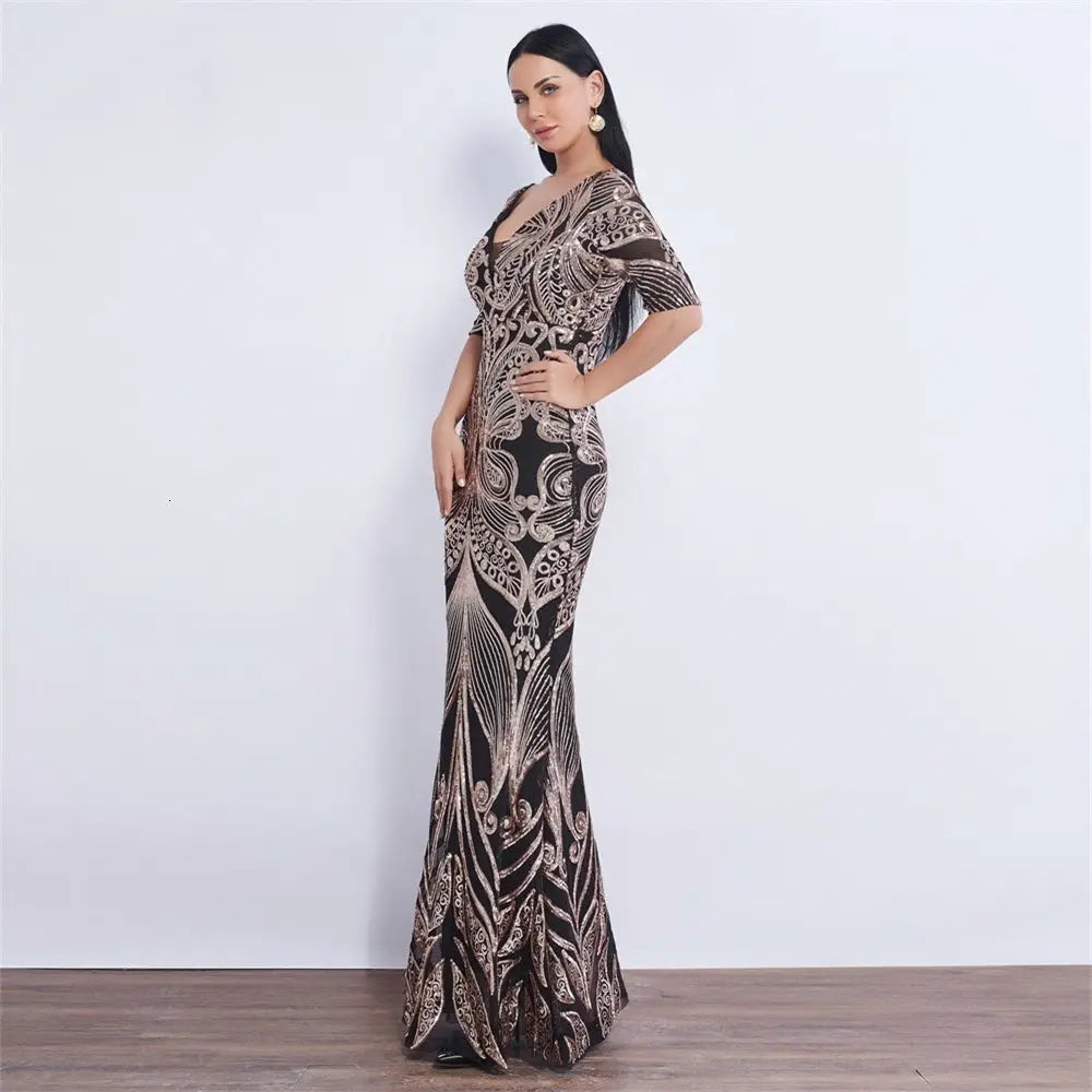 Half Sleeve Butterfly Style Sequin Mermaid Dress - MSCOOCO