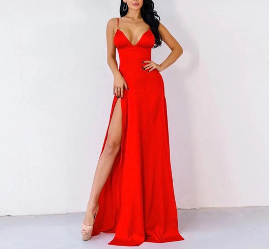 Red Elegant Evening High Split Dress - MSCOOCO