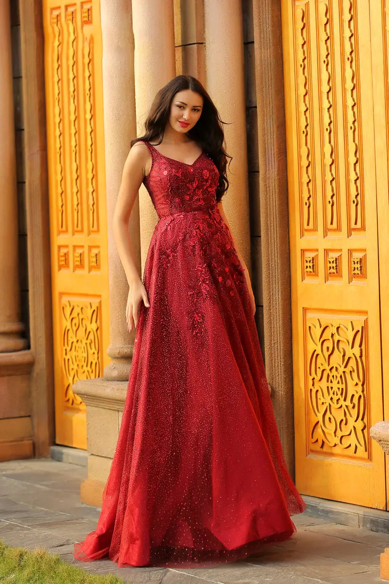 Elegant Beading Backless A-Line Sexy V-neck Empire Waist Ball Gowns - MSCOOCO