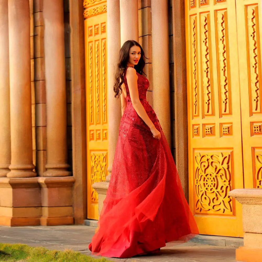Elegant Beading Backless A-Line Sexy V-neck Empire Waist Ball Gowns - MSCOOCO
