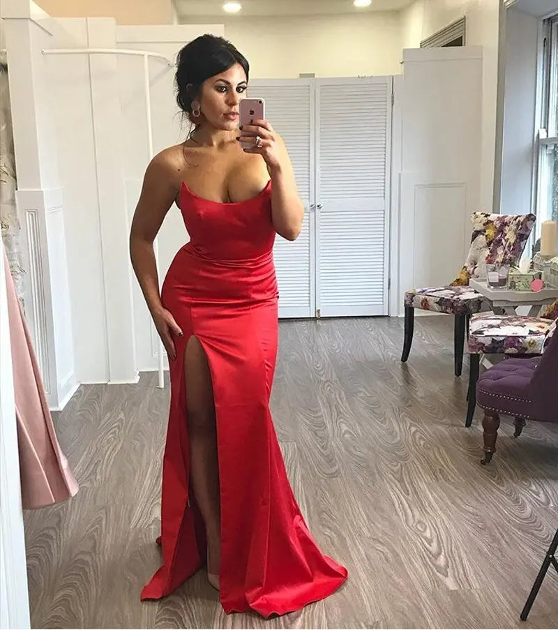 Red Strapless Backless Padded  Split Leg  Maxi Dress - MSCOOCO