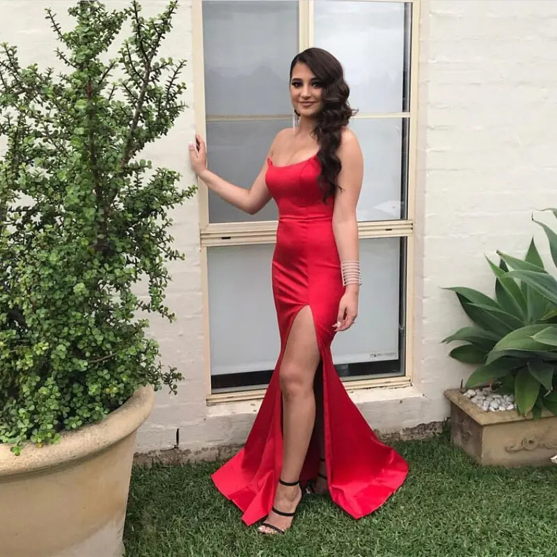 Red Strapless Backless Padded  Split Leg  Maxi Dress - MSCOOCO