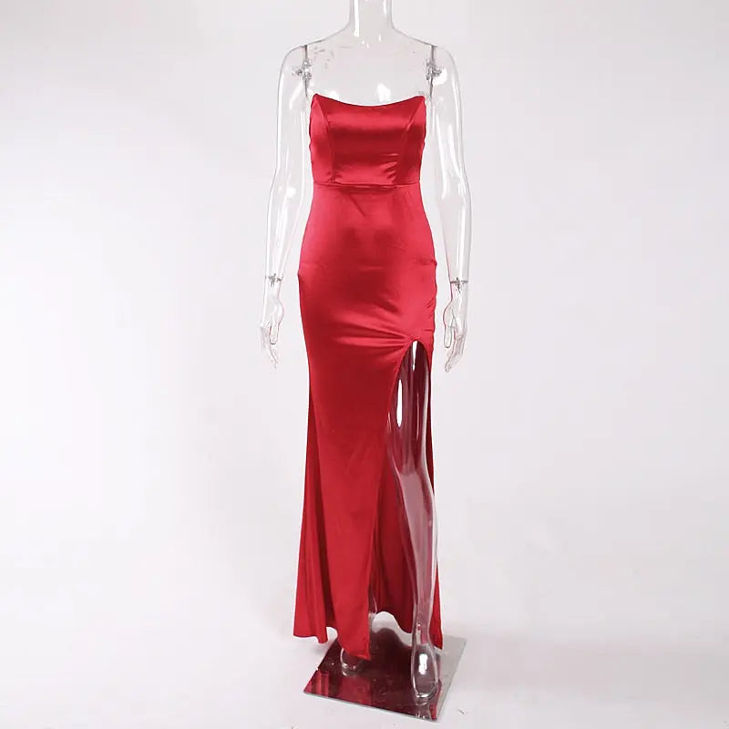 Red Strapless Backless Padded  Split Leg  Maxi Dress - MSCOOCO