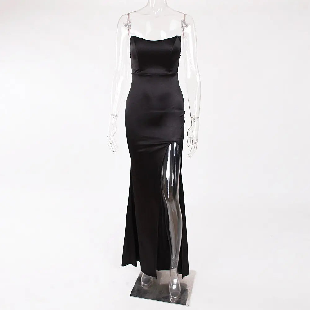 Red Strapless Backless Padded  Split Leg  Maxi Dress - MSCOOCO